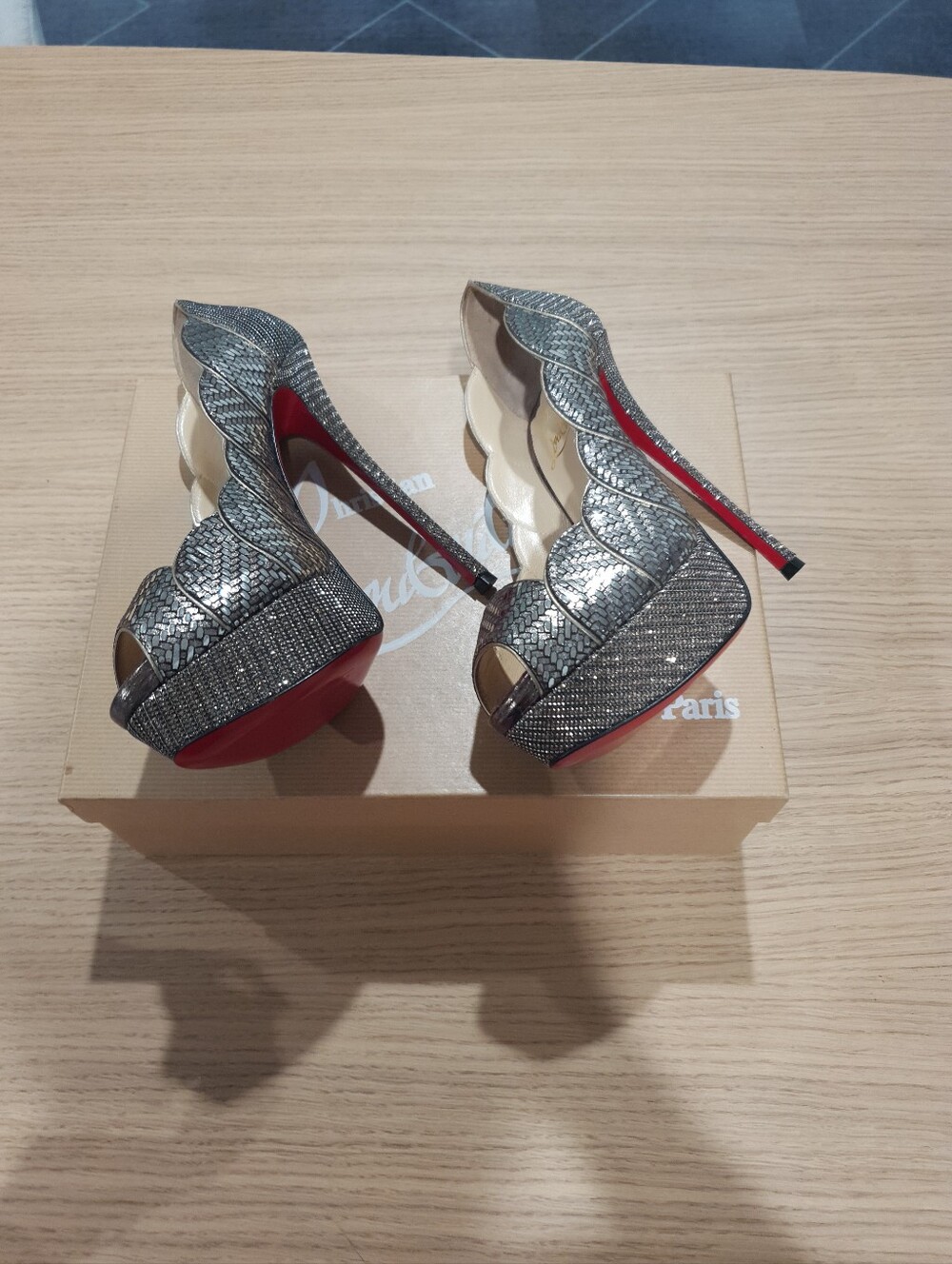 Christian Louboutin Torsatoe Metallic Silver Platform Peep Toe Pumps 36.5